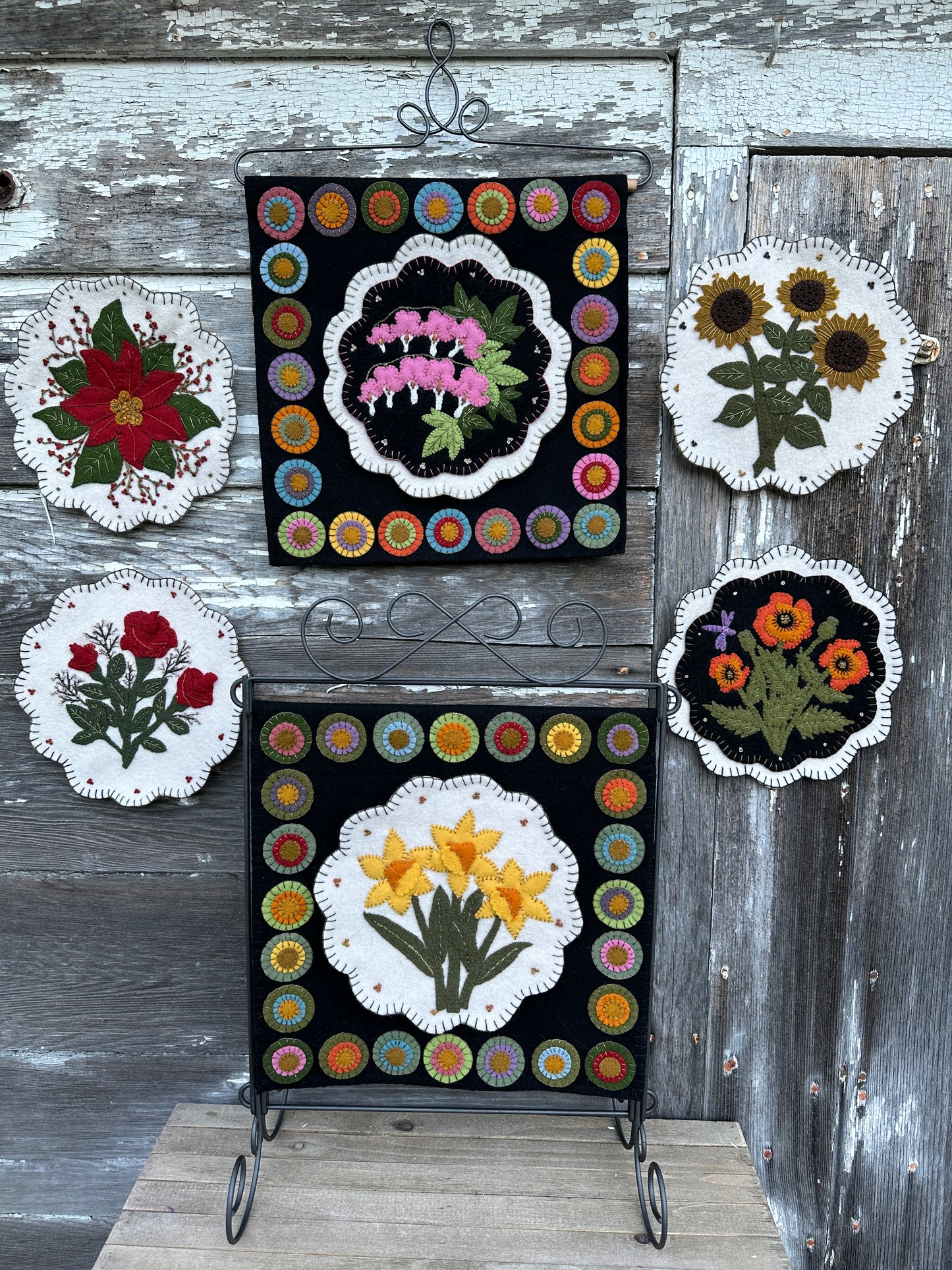 Flower Box Friends Black Wool Background w/precut pennies